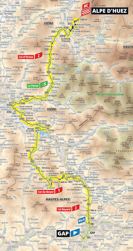 Route map for stage 19: Gap to Alpe d'Huez